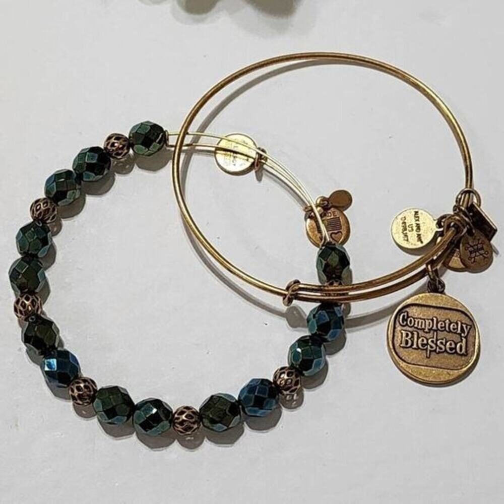 Alex and Ani Completely Blessed Bangle Set Rafaelian Gold Beaded Green 2pc